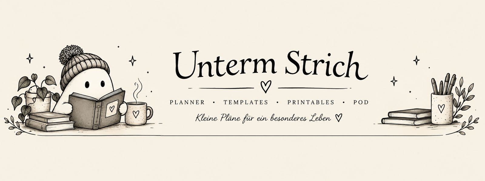 UntermStrich – kleine Pläne für ein besonderes Leben. Kleines Gespenst mit Mütze liest ein Buch.