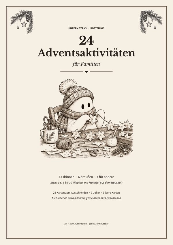 Deckblatt: 24 Adventsaktivitäten für Familien mit kleinem Gespenst, das Papiersterne bastelt