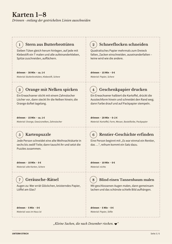 Kartenseite mit acht Aktivitäten zum Ausschneiden, jede mit Art, Dauer, Kosten und Material