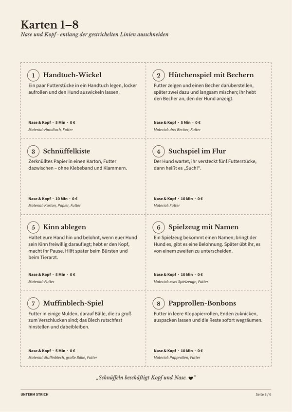 Kartenseite mit acht Nasen- und Kopfspielen zum Ausschneiden, jede mit Art, Dauer, Kosten und Material