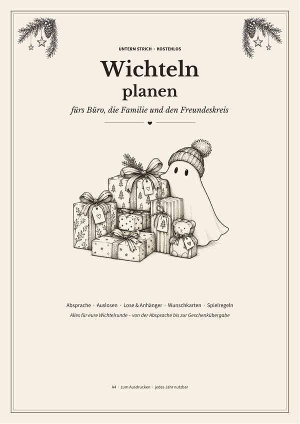 Deckblatt: Wichteln planen, Gespenst mit einem Stapel Geschenke