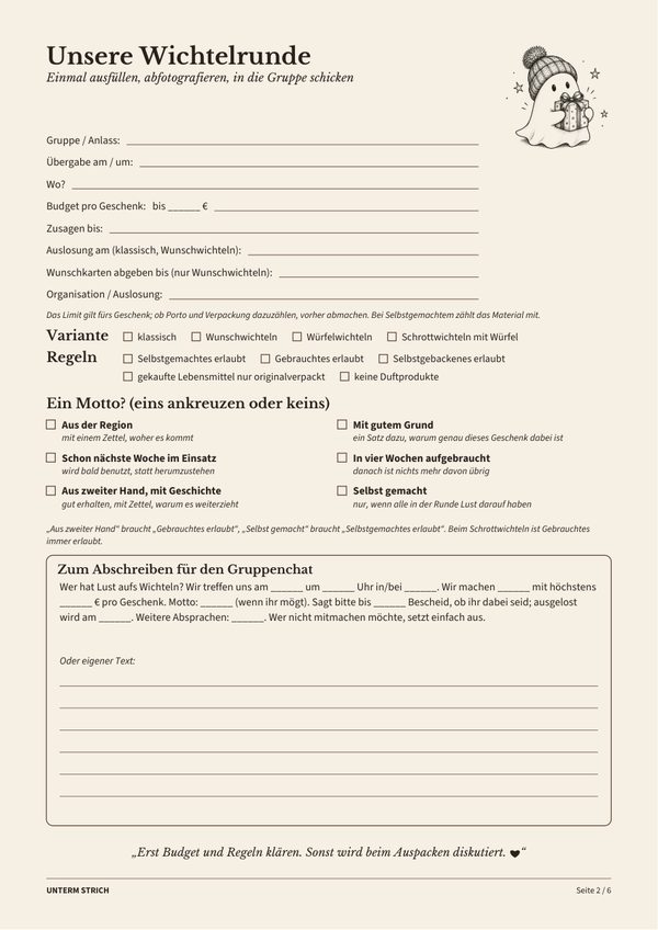 Absprache-Seite mit Budget, Variante, Regeln, Motto und Text für den Gruppenchat